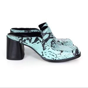 Snakeskin teal and black chunky heel ankle booties